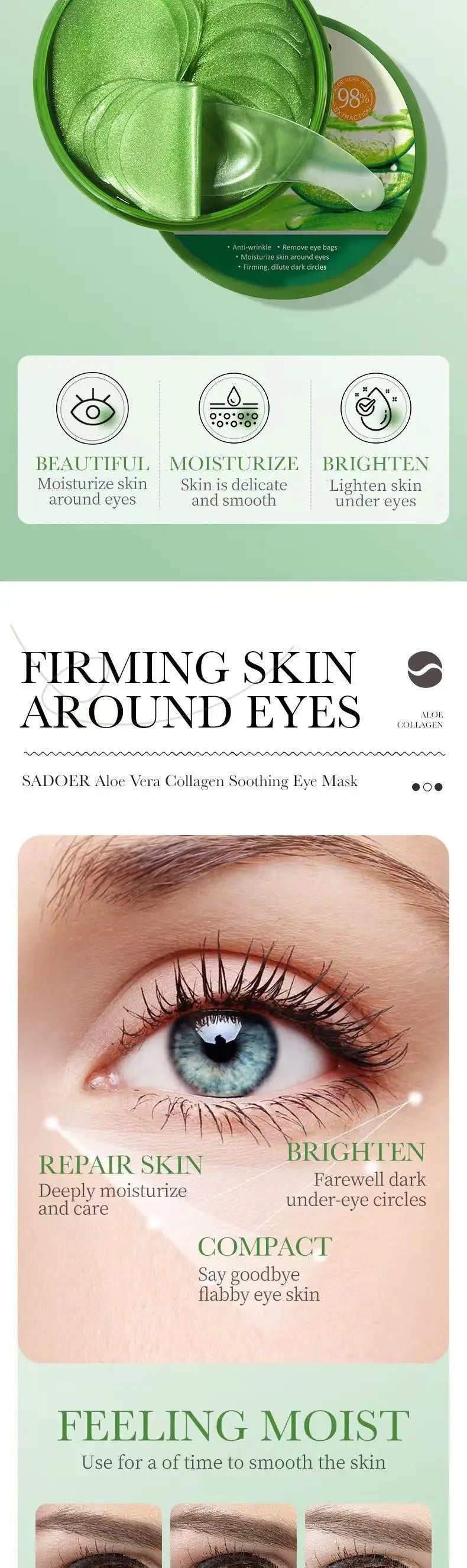 60pcs Aloe Vera Collagen Eye Mask Anti Dark Circles Removal Eyes Bags Moisturizing Firming Eye Patches Eyes Skin Care Products