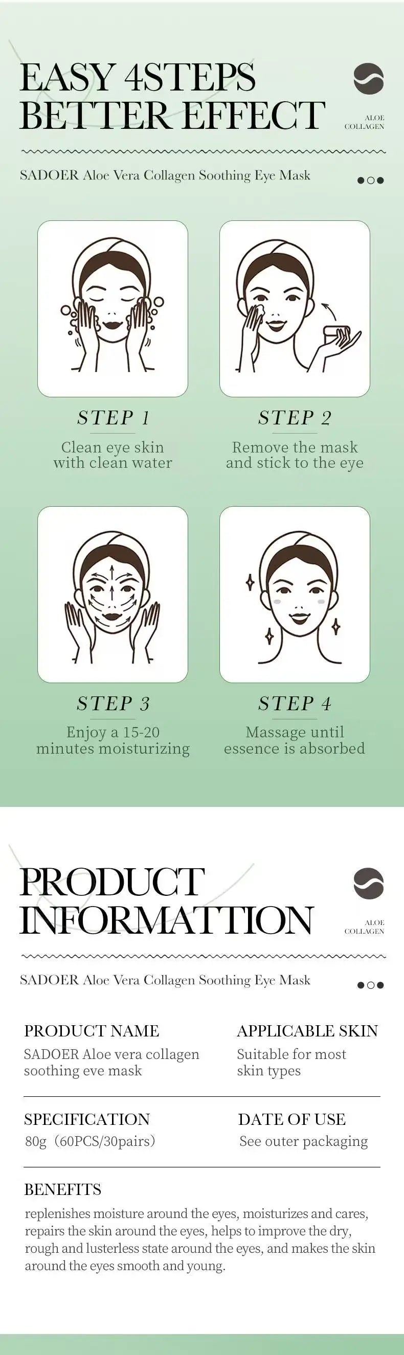 60pcs Aloe Vera Collagen Eye Mask Anti Dark Circles Removal Eyes Bags Moisturizing Firming Eye Patches Eyes Skin Care Products